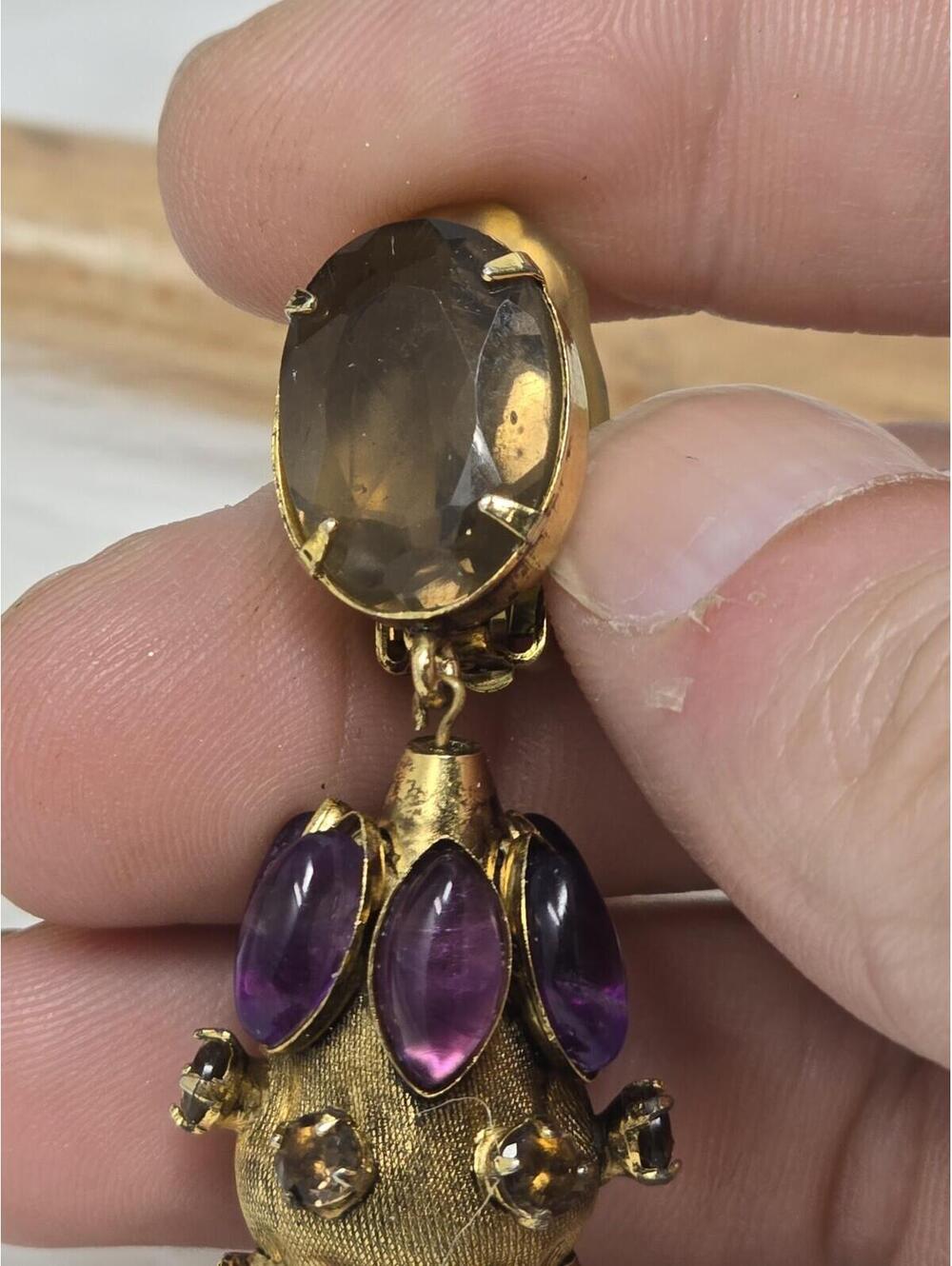 Vintage Amethyst Cabochon Dangle Drop Clip Earrings Estate - Picture 9 of 9
